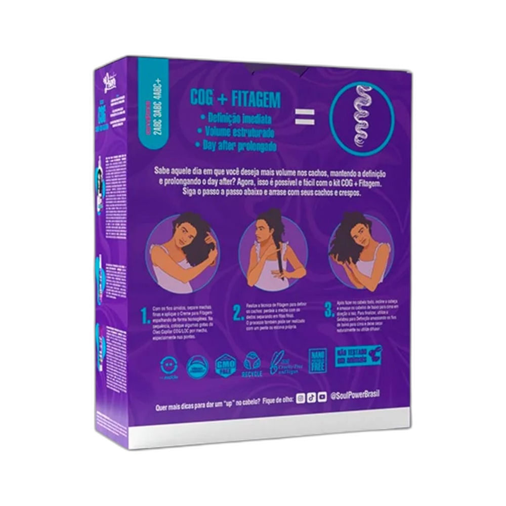 Verso da embalagem do Kit Soul Power com instruções ilustradas para técnica COG e fitagem